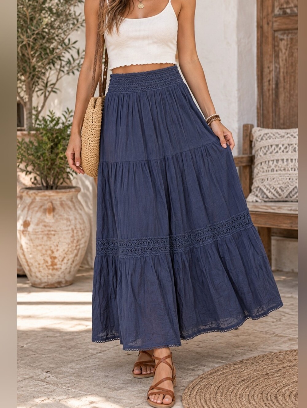 Aerie Tiered Maxi Skirt Large L/G 100% Cotton Crochet Lace Lined Boho